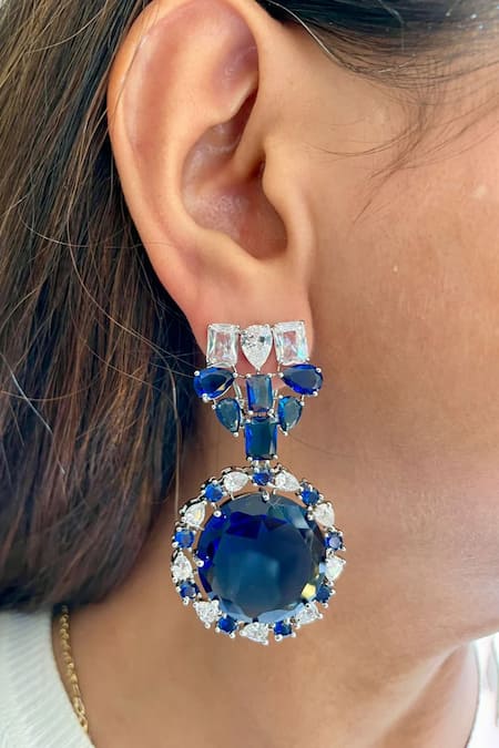 Shop PRERTO Blue Imitation Diamonds Sapphire And Faux Necklace Set at Aza Fashions Shop_PRERTO_Blue Imitation Diamonds Sapphire And Faux Necklace Set _at_Aza_Fashions