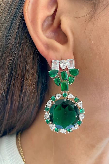 Shop PRERTO Green Fabric Flowers, Diamonds Faux Emerald Necklace Set at Aza Fashions Shop_PRERTO_Green Fabric Flowers, Diamonds Faux Emerald Necklace Set _at_Aza_Fashions