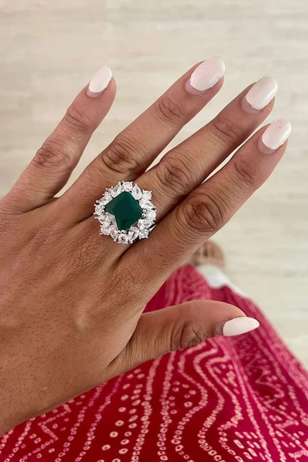 PRERTO Green Fabric Flowers, Diamonds Faux Emerald Necklace Set Online at Aza Fashions PRERTO_Green Fabric Flowers, Diamonds Faux Emerald Necklace Set _Online_at_Aza_Fashions