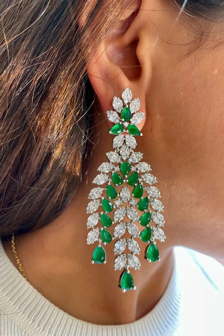 Shop PRERTO Green Diamonds, Stones, Fabric Flowers Faux Choker Set With at Aza Fashions Shop_PRERTO_Green Diamonds, Stones, Fabric Flowers Faux Choker Set With _at_Aza_Fashions