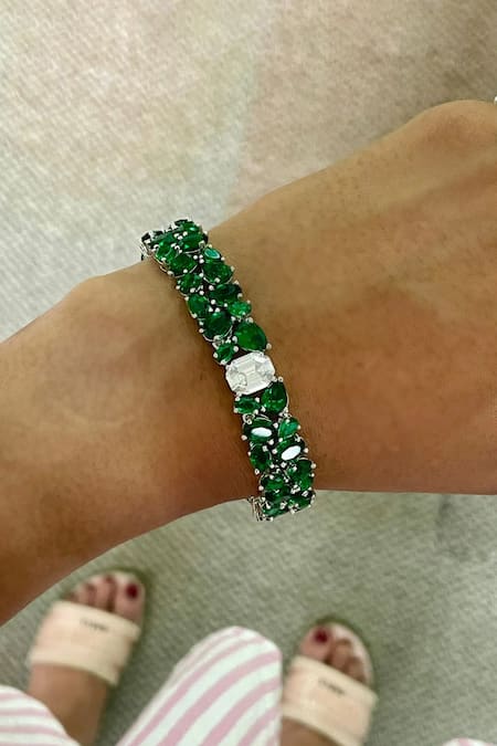 PRERTO Green Diamonds, Stones, Fabric Flowers Faux Choker Set With Online at Aza Fashions PRERTO_Green Diamonds, Stones, Fabric Flowers Faux Choker Set With _Online_at_Aza_Fashions