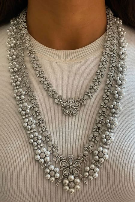 Prerto Maharani Vintage Diana & Dual Floret Diamond Embellished Necklace Set 