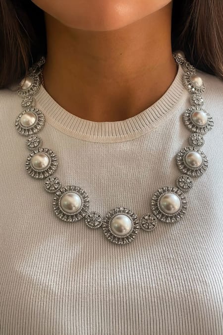 Prerto Pearly Sun Diamond & Pearl Embellished Necklace Set 