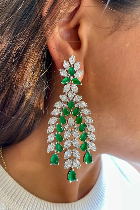 Shop PRERTO Green Fabric Flowers Emerald And Faux Diamond Necklace Set at Aza Fashions Shop_PRERTO_Green Fabric Flowers Emerald And Faux Diamond Necklace Set _at_Aza_Fashions