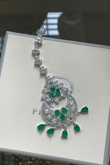 PRERTO Green Fabric Flowers Emerald And Faux Diamond Necklace Set Online at Aza Fashions PRERTO_Green Fabric Flowers Emerald And Faux Diamond Necklace Set _Online_at_Aza_Fashions