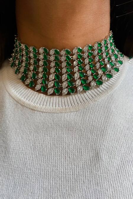 PRERTO Green Fabric Flowers, Diamonds Emerald And Faux Necklace Set Online at Aza Fashions PRERTO_Green Fabric Flowers, Diamonds Emerald And Faux Necklace Set _Online_at_Aza_Fashions