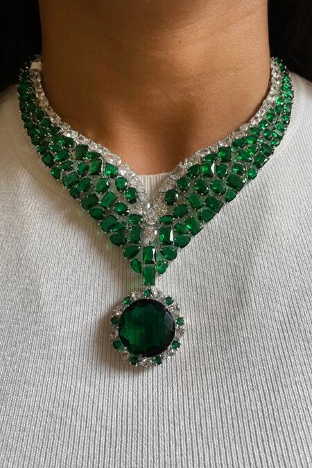 Buy PRERTO Green Fabric Flowers, Diamonds Emerald And Faux Necklace Set Online at Aza Fashions Buy_PRERTO_Green Fabric Flowers, Diamonds Emerald And Faux Necklace Set _Online_at_Aza_Fashions