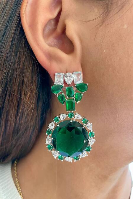 Shop PRERTO Green Fabric Flowers, Diamonds Emerald And Faux Necklace Set Online at Aza Fashions Shop_PRERTO_Green Fabric Flowers, Diamonds Emerald And Faux Necklace Set _Online_at_Aza_Fashions