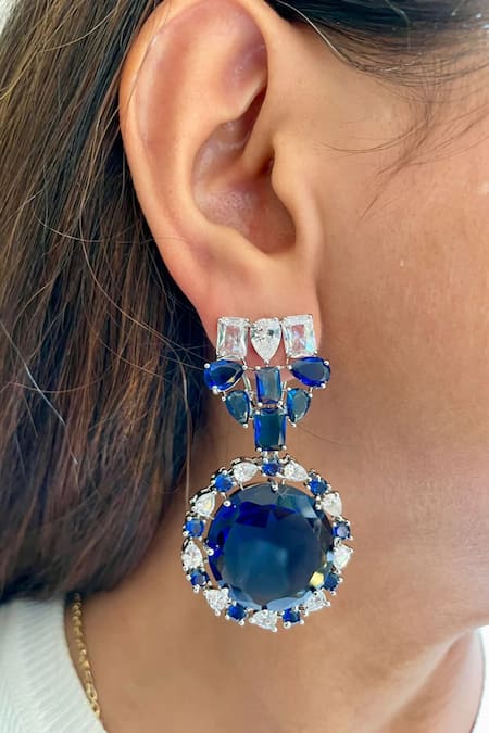 Shop PRERTO Blue Fabric Flowers Faux Diamond Necklace Set at Aza Fashions Shop_PRERTO_Blue Fabric Flowers Faux Diamond Necklace Set _at_Aza_Fashions