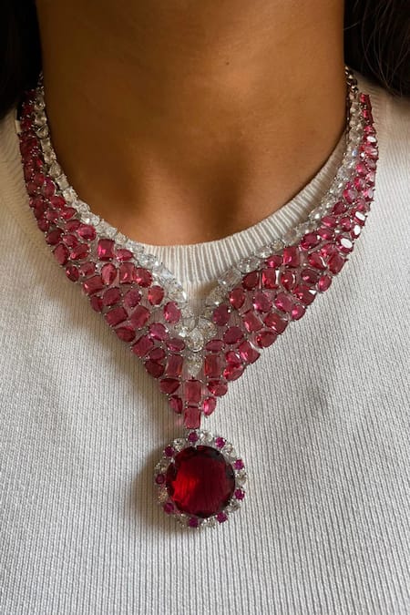 Prerto Ramona Ruby & Diamond Embellished Necklace Set 