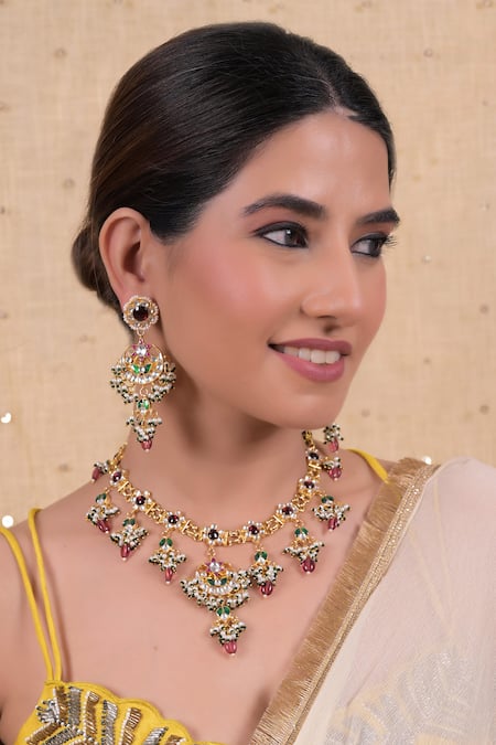 Shop Shlok Jewels Multi Color Pearls, Stones Kundan Embellished Mandala Necklace Set at Aza Fashions Shop_Shlok Jewels_Multi Color Pearls, Stones Kundan Embellished Mandala Necklace Set _at_Aza_Fashions
