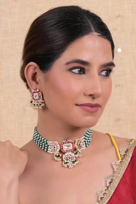 Shop Shlok Jewels Multi Color Gota Patti, Stones Gold Plated Kundan Choker And Earring Set at Aza Fashions Shop_Shlok Jewels_Multi Color Gota Patti, Stones Gold Plated Kundan Choker And Earring Set _at_Aza_Fashions
