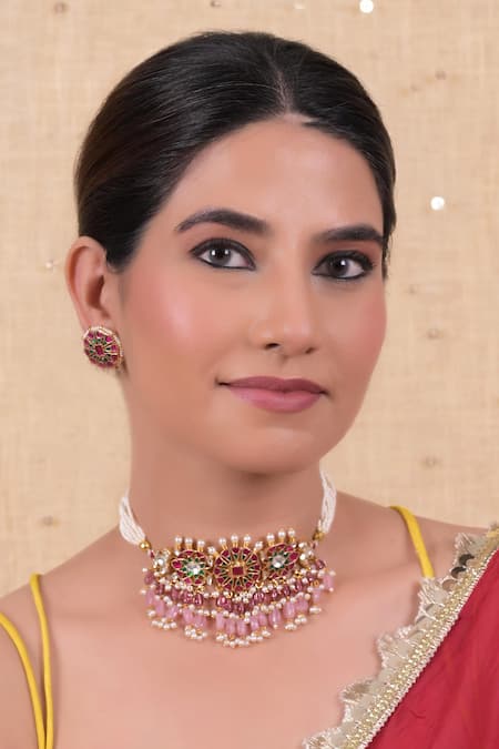 Shop Shlok Jewels Multi Color Gota Patti, Stones Floret Geometric Kundan Choker Set at Aza Fashions Shop_Shlok Jewels_Multi Color Gota Patti, Stones Floret Geometric Kundan Choker Set _at_Aza_Fashions