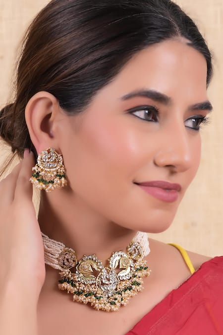 Shop Shlok Jewels White Gota Patti, Stones Floral Kundan Motif Choker Set at Aza Fashions Shop_Shlok Jewels_White Gota Patti, Stones Floral Kundan Motif Choker Set _at_Aza_Fashions