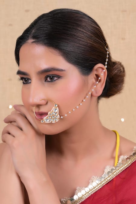 Shop Shlok Jewels White Gota Patti, Stones Kundan Embellished Nose Ring at Aza Fashions Shop_Shlok Jewels_White Gota Patti, Stones Kundan Embellished Nose Ring _at_Aza_Fashions