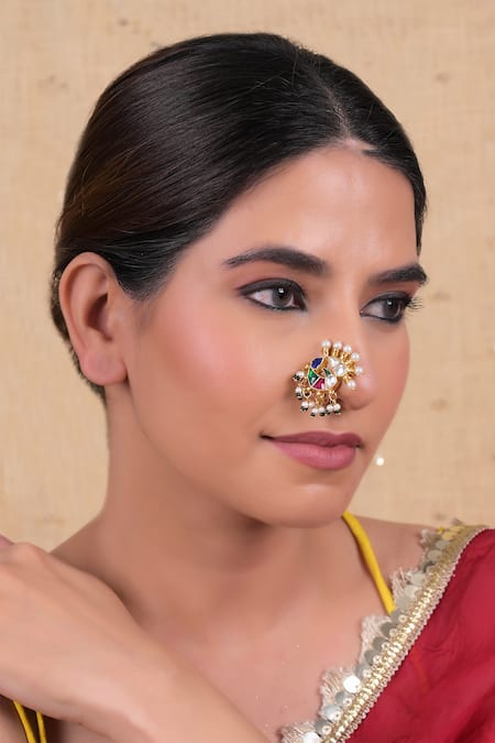 Shlok Jewels_Multi Color Zari, Stones Kundan Bird Motif Nose Pin _Online_at_Aza_Fashions