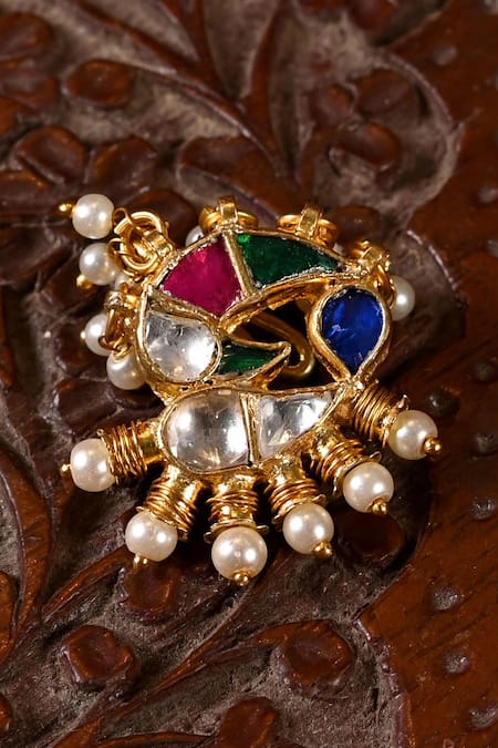 Buy_Shlok Jewels_Multi Color Zari, Stones Kundan Bird Motif Nose Pin _Online_at_Aza_Fashions