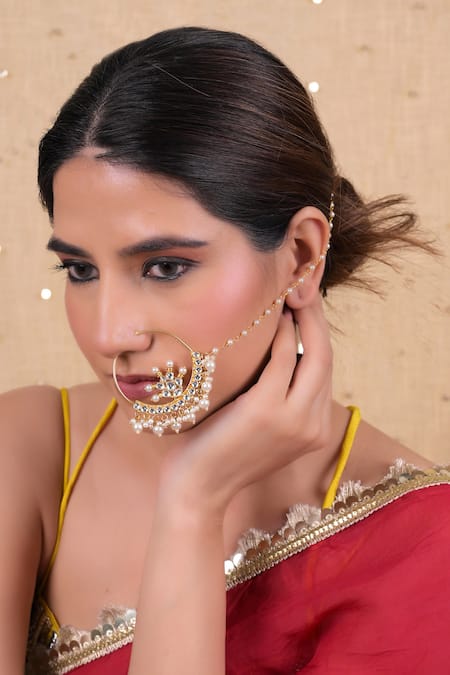 SHLOK JEWELS Kundan Cutwork Embellished Nose Ring 