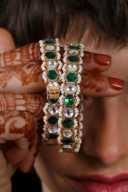 Shop Shlok Jewels Green Stones Geometric Kundan Embellished Bangles at Aza Fashions Shop_Shlok Jewels_Green Stones Geometric Kundan Embellished Bangles _at_Aza_Fashions
