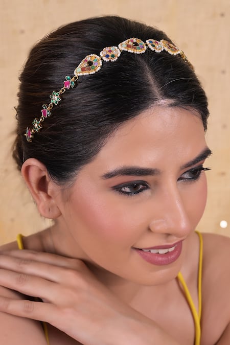 Shop Shlok Jewels Multi Color Kundan Pearl Embellished Mathapatti at Aza Fashions Shop_Shlok Jewels_Multi Color Kundan Pearl Embellished Mathapatti _at_Aza_Fashions