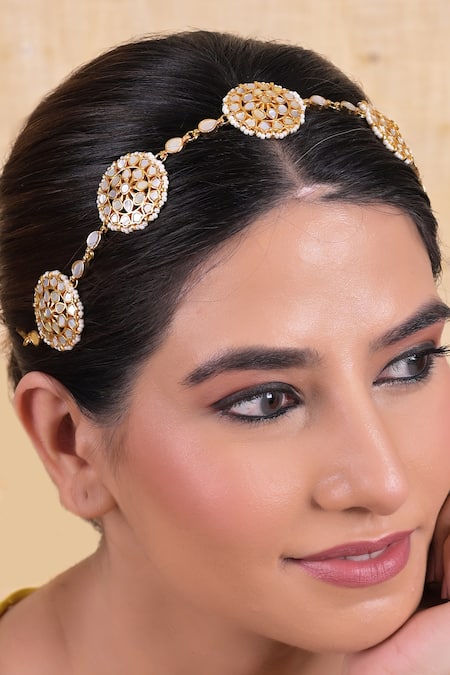 Shop Shlok Jewels Multi Color Gold Plated Mother Of Pearl Mathapatti at Aza Fashions Shop_Shlok Jewels_Multi Color Gold Plated Mother Of Pearl Mathapatti _at_Aza_Fashions