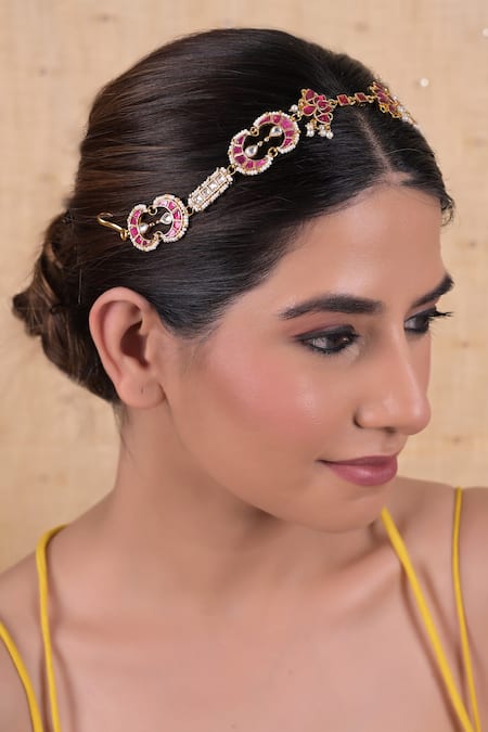 Shop Shlok Jewels White Gold Plated Mathapatti With Kundan And Pearl at Aza Fashions Shop_Shlok Jewels_White Gold Plated Mathapatti With Kundan And Pearl _at_Aza_Fashions