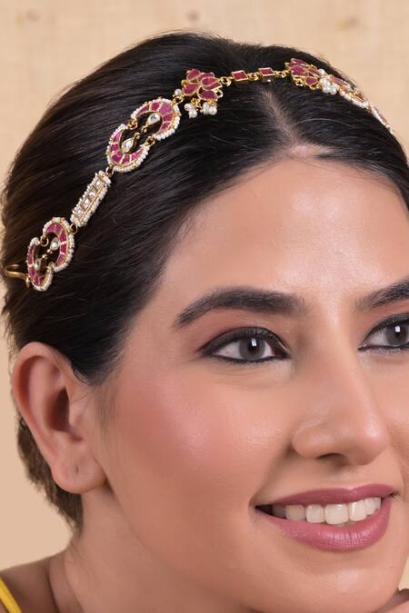 Shlok Jewels White Gold Plated Mathapatti With Kundan And Pearl Online at Aza Fashions Shlok Jewels_White Gold Plated Mathapatti With Kundan And Pearl _Online_at_Aza_Fashions