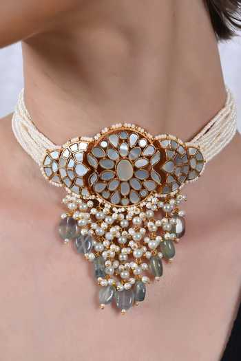Shlok Jewels White Pearls Florin Mother Of Choker Set Online at Aza Fashions Shlok Jewels_White Pearls Florin Mother Of Choker Set _Online_at_Aza_Fashions
