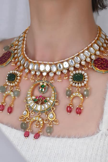 Shop_Shlok Jewels_Multi Color Pearls, Gota Patti, Stones Kundan Embellished Choker And Earring Set _at_Aza_Fashions