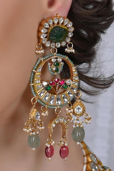 Shlok Jewels_Multi Color Pearls, Gota Patti, Stones Kundan Embellished Choker And Earring Set _Online_at_Aza_Fashions