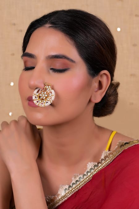 Shlok Jewels Kundan Pearl Designer Nose Ring 