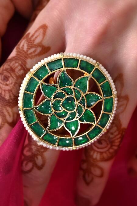 Shlok Jewels Green Stones Semi Precious Round Ring Online at Aza Fashions Shlok Jewels_Green Stones Semi Precious Round Ring _Online_at_Aza_Fashions