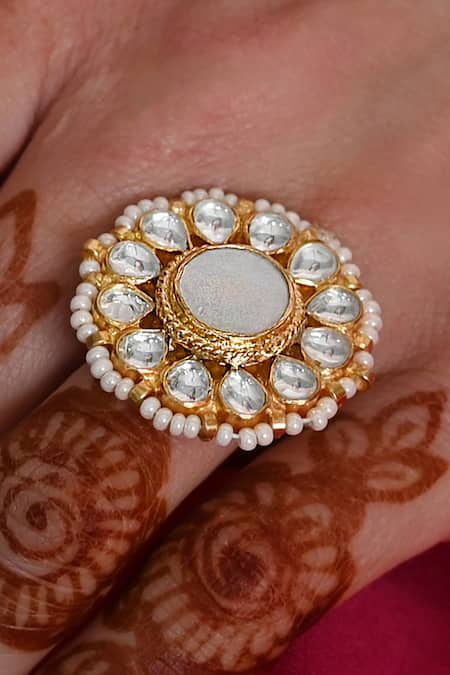 Shlok Jewels Floral Kundan Pearl Embellished Ring 
