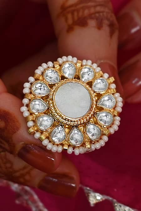 Shlok Jewels_White Pearls, Diamonds, Stones Floral Kundan Embellished Ring _Online_at_Aza_Fashions