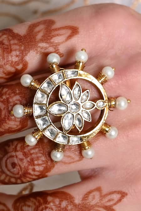 Shop_Shlok Jewels_White Pearls, Stones Kundan Designer Ring _at_Aza_Fashions