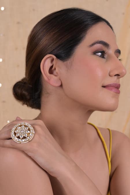 Shlok Jewels_White Pearls, Gota Patti Kundan Embellished Circular Ring _Online_at_Aza_Fashions