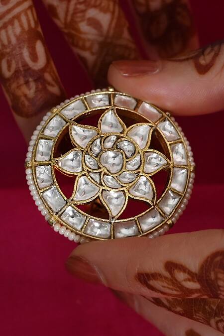 Buy_Shlok Jewels_White Pearls, Gota Patti Kundan Embellished Circular Ring _Online_at_Aza_Fashions