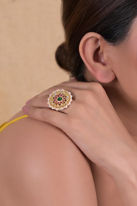 Shlok Jewels Floral Semi Precious Stone Ring 