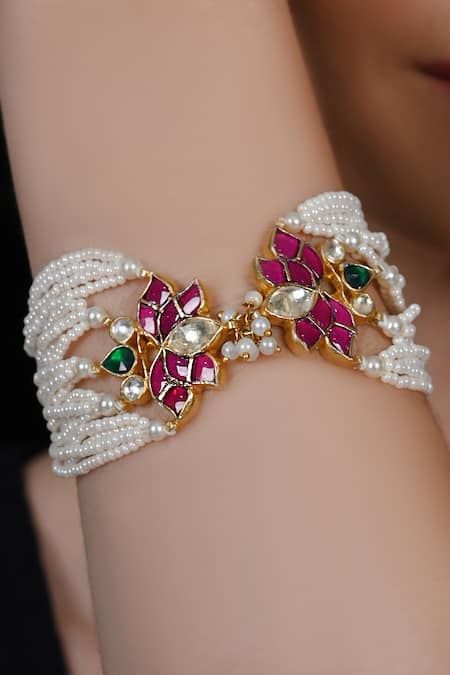 Shlok Jewels Lotus Motif Pearl & Kundan Bracelet 