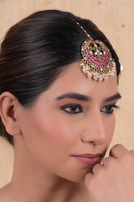 Shlok Jewels Multi Color Pearl Kundan Maangtikka 