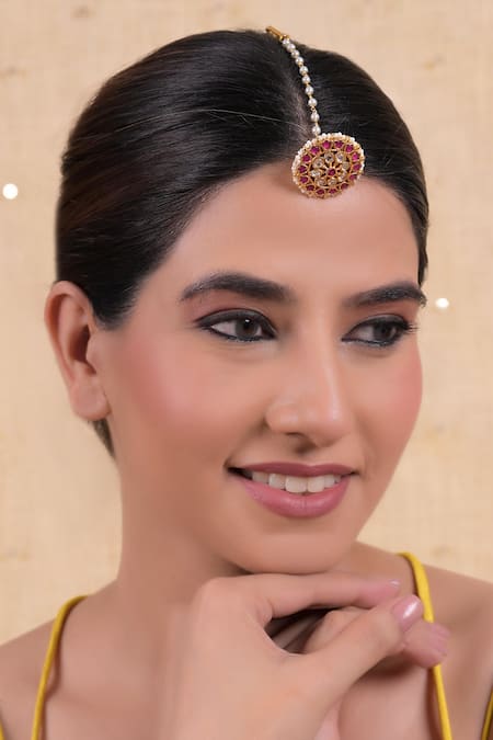 Shlok Jewels Multi Color Pearl Kundan Maangtikka 