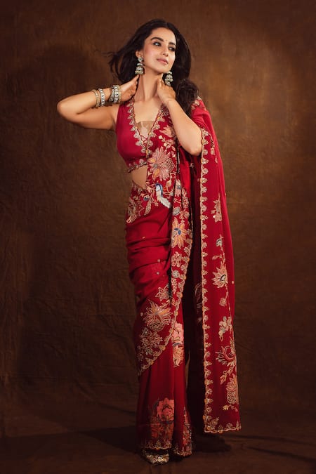 Shreeka Red Silk Georgette Embroidered Cutdana Floral And Bird Motif Saree With Blouse 