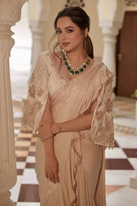 Shreeka Ivory Georgette Silk Hand Embroidered Sequins V Blouse And Pre-draped Saree Set 