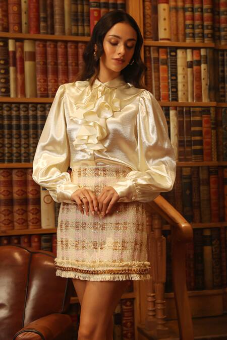 Shop Label Deepika Nagpal Pink Tweed, Silk Ruffles, Fringe Collared Blazer And Skirt Set Online at Aza Fashions Shop_Label Deepika Nagpal_Pink Tweed, Silk Ruffles, Fringe Collared Blazer And Skirt Set _Online_at_Aza_Fashions