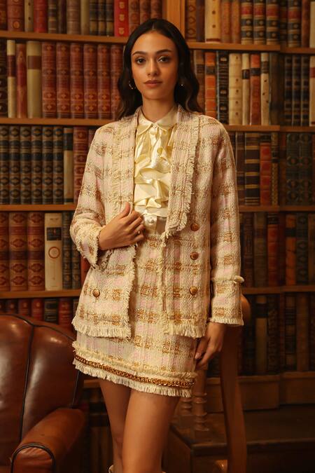 Label Deepika Nagpal Pink Tweed, Silk Ruffles, Fringe Collared Blazer And Skirt Set at Aza Fashions Label Deepika Nagpal_Pink Tweed, Silk Ruffles, Fringe Collared Blazer And Skirt Set _at_Aza_Fashions