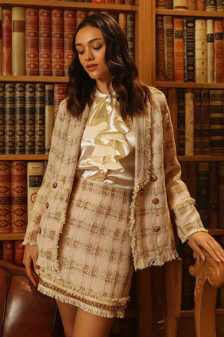 Buy Label Deepika Nagpal Pink Tweed, Silk Ruffles, Fringe Collared Blazer And Skirt Set Buy_Label Deepika Nagpal_Pink Tweed, Silk Ruffles, Fringe Collared Blazer And Skirt Set
