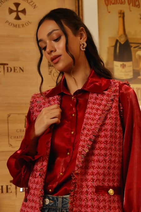 Shop Label Deepika Nagpal Pink Tweed, Taffeta Metallic Thread Collared Geometric Jacket Online at Aza Fashions Shop_Label Deepika Nagpal_Pink Tweed, Taffeta Metallic Thread Collared Geometric Jacket _Online_at_Aza_Fashions