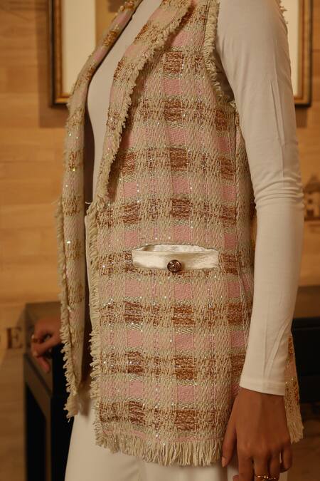 Shop Label Deepika Nagpal Pink Tweed, Taffeta Open Neck Geometric Pattern Jacket Online at Aza Fashions Shop_Label Deepika Nagpal_Pink Tweed, Taffeta Open Neck Geometric Pattern Jacket _Online_at_Aza_Fashions