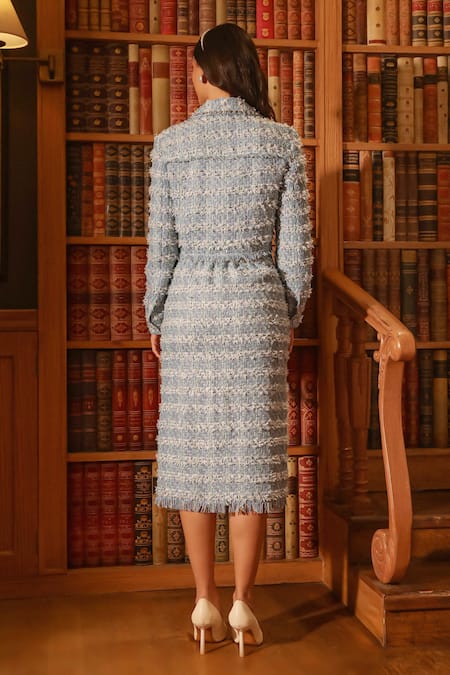 Shop Label Deepika Nagpal Blue Tweed, Taffeta Fringe Geometric Blazer And Skirt Set at Aza Fashions Shop_Label Deepika Nagpal_Blue Tweed, Taffeta Fringe Geometric Blazer And Skirt Set _at_Aza_Fashions