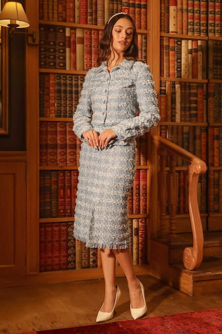 Label Deepika Nagpal Blue Tweed, Taffeta Fringe Geometric Blazer And Skirt Set Online at Aza Fashions Label Deepika Nagpal_Blue Tweed, Taffeta Fringe Geometric Blazer And Skirt Set _Online_at_Aza_Fashions